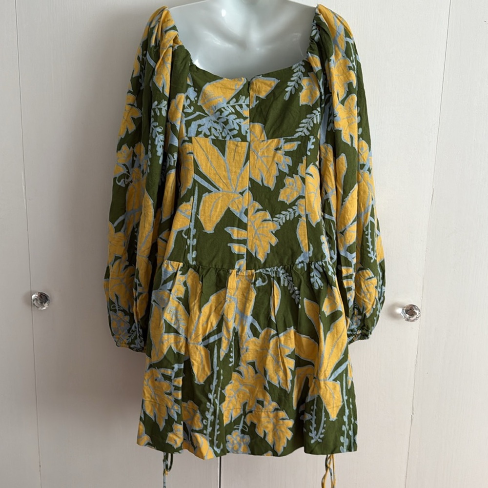 FARM RIO Foliage Sketch Green LongSleeve Linen MiniDress Tropical Lace-Up XL NWT - Picture 5 of 16